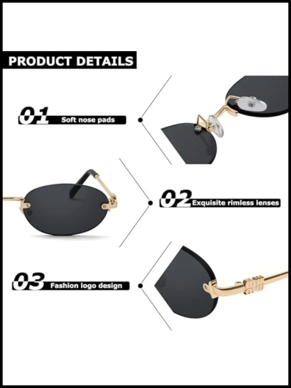 Retro Small Oval Rimless Sunglasses, Gold Metal Frame, UV400 Protection